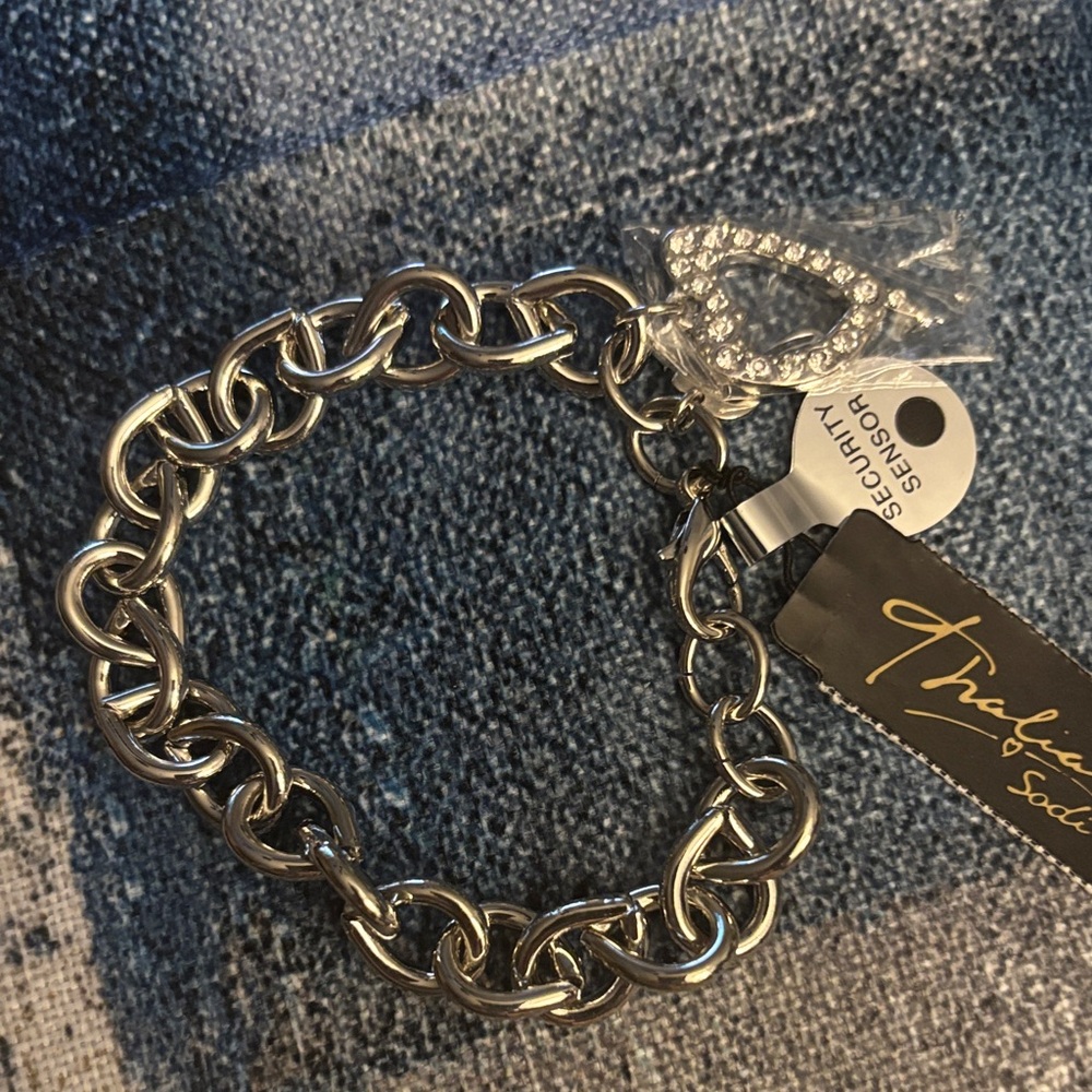 Thalia Sodi Silver-Tone Chain Bracelet with Crystal Heart Charm